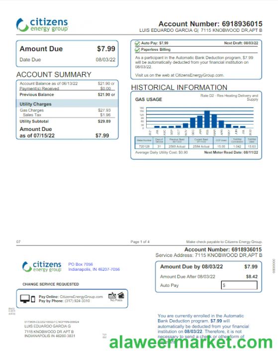 USA INDIANAPOLIS CITIZENS ENERGY GROUP utility bill Word and PDF template